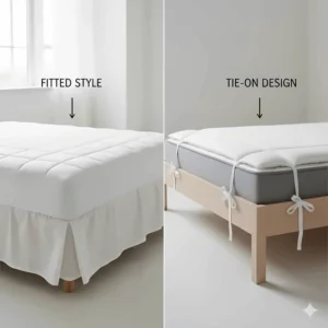A split-screen comparison showing a fitted mattress-style electric blanket next to a traditional tie-on design with elasticated straps.