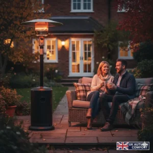 A freestanding infrared patio heater providing warmth for a British garden seating area during an autumn evening.