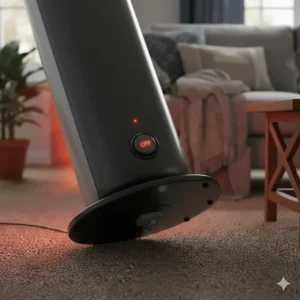 A halogen heater tilting on a carpeted floor to demonstrate the automatic safety cut-out switch and tip-over protection.