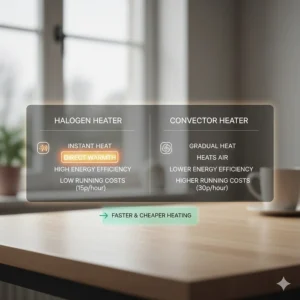 A comparison chart showing that a halogen heater provides faster and cheaper heating than a standard convector heater.