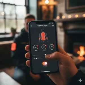 A close-up of a smartphone screen displaying a temperature control app with settings in Celsius, used to adjust the warmth of heated clothing brands in a cosy indoor setting.