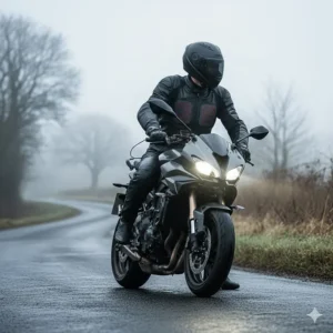 A motorcyclist riding on a damp, winding British country road wearing a heated base layer with glowing red heat zones visible through a leather jacket.