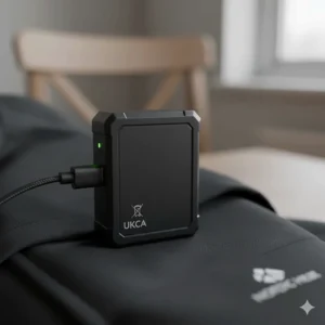 A compact, UKCA-certified lithium-ion battery pack for heated clothing, shown plugged into a garment on a neutral background to highlight safety and portability.
