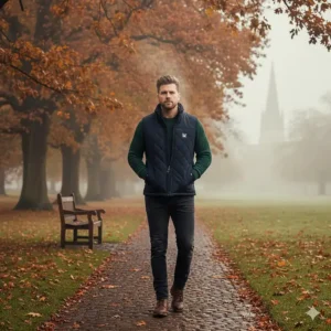 A man wearing a navy blue quilted heated gilet over a green woollen jumper, walking through a misty British park in autumn with fallen leaves and a church spire in the distance.