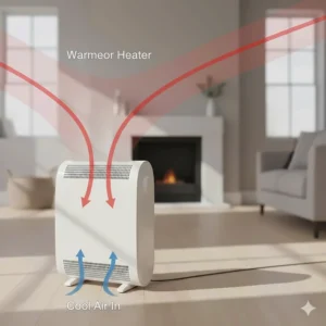 An educational diagram showing how a convector heater pulls in cool air at the base and circulates warm air throughout a room.