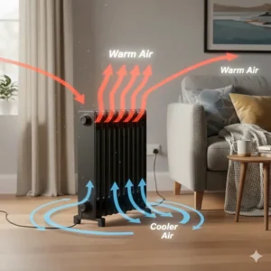 Diagram illustrating how warm air rises from the radiator fins to heat a room via natural convection.