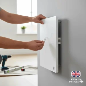 A close-up of the easy wall-mounting bracket system for a lightweight infrared heater.