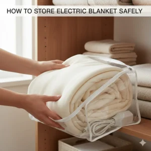 An electric blanket loosely folded and placed inside a clear plastic storage bag to protect the internal wiring during summer months.