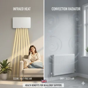 Illustration showing how infrared heat reduces dust circulation compared to traditional radiators, ideal for UK allergy sufferers.