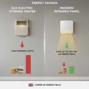An infographic showing potential savings on UK energy bills when switching from electric storage heaters to infrared panels.