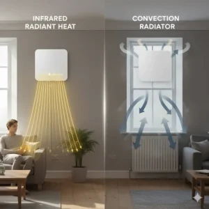 A diagram comparing radiant heat from an infrared panel versus traditional convection radiator currents in a standard UK home.