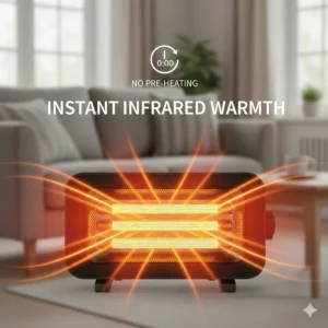An infographic showing the instant infrared warmth of a halogen heater with a no pre-heating icon for quick home heating.