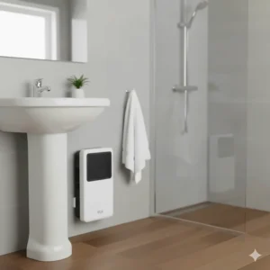 An IP-rated splash-proof portable heater safely installed in a British bathroom.