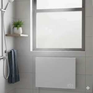 A splash-proof IP24 rated electric panel heater installed safely in a modern UK bathroom.