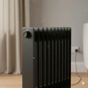 Close-up of the chimney-style fins on an oil-filled radiator designed for maximum heat distribution.