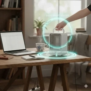 A lightweight white heater being lifted by its integrated carry handle showing its portability for moving between office rooms.