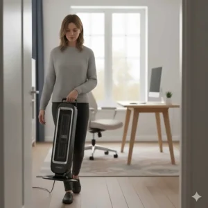 A woman carrying a lightweight portable halogen heater by its integrated handle into a modern UK home office.