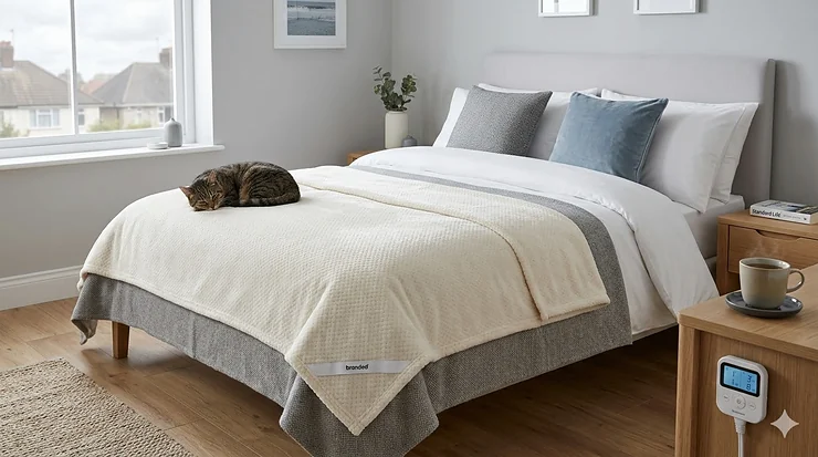 Alt text for image 1: A luxury soft fleece double electric blanket spread neatly over a standard UK double bed in a modern bedroom with natural morning light. double electric blanket