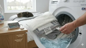 Alt text for image 7: A person disconnecting the white power cord from a double electric blanket to prepare the machine-washable fabric for a 40-degree wash.