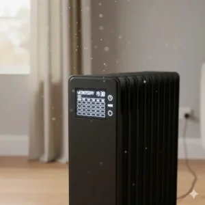 A 24-hour programmable timer on an electric oil radiator, used for scheduling heating in British homes.
