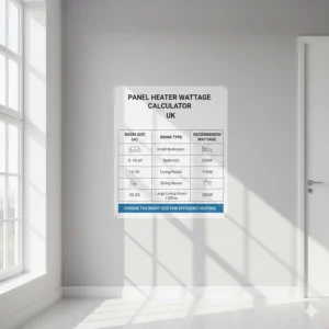 A room size chart showing the recommended wattage for panel heaters in typical UK homes.