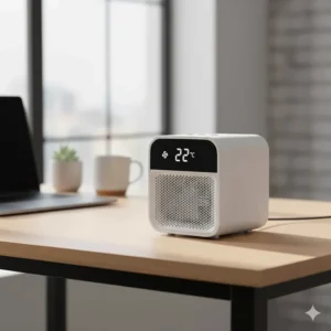 A compact ceramic fan heater with an adjustable thermostat for targeted personal warmth.