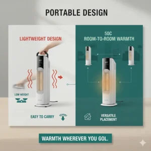 Lightweight ceramic fan heater with an integrated carry handle for easy movement between rooms.