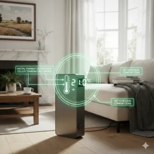 Digital interface of a portable heater for a large room showing precise temperature control in degrees Celsius.