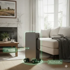 Illustration highlighting the heavy-duty castors and carry handle of a portable heater for a large room.
