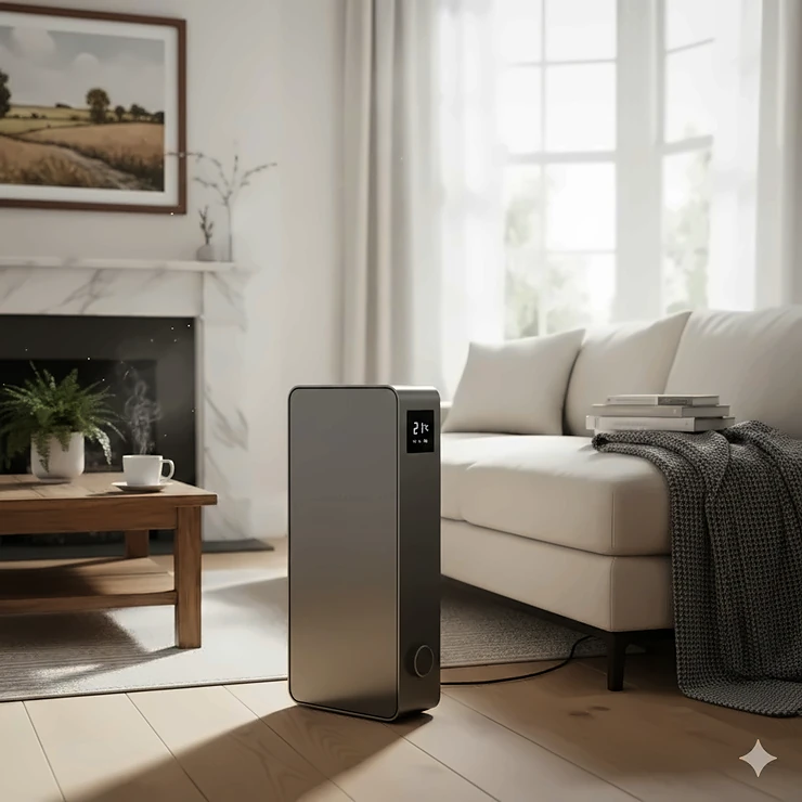 A modern portable heater for a large room warming a spacious British living area with high ceilings and natural light. portable heater for large room