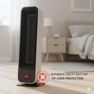 Illustration of an automatic tilt-switch safety feature that turns off the bedroom heater if it is knocked over.