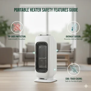 Diagram highlighting essential safety features like tip-over protection and overheat sensors.