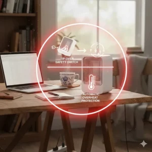A safety-focused diagram of an office heater highlighting its automatic overheat protection and tip-over safety switch features.