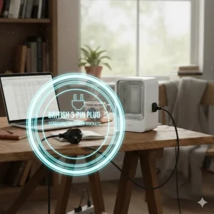 An electric heater for office use shown with a standard British 3-pin plug and a graphic indicating compatibility with UK power sockets.