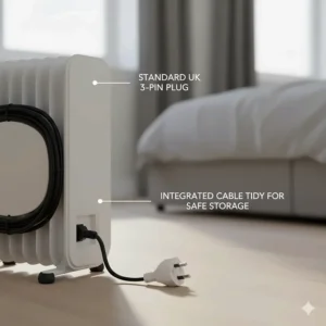 A portable electric heater with a standard UK three-pin plug and integrated cable tidy for safe storage.