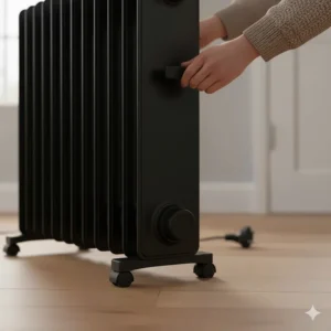 Detail view of the sturdy castor wheels and integrated carry handle on a portable oil-filled radiator.