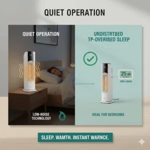 A compact ceramic heater on a bedside table, highlighting low-noise operation for a good night's sleep.