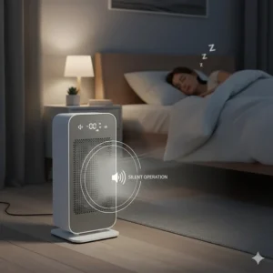 A graphic showing low decibel levels, indicating a quiet portable heater suitable for use while sleeping.