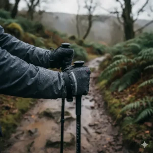 Close-up of waterproof heated gloves with reflective safety strips gripping trekking poles on a wet and muddy hiking trail in the British countryside.