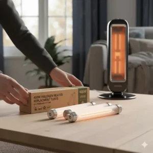 A set of three 400W replacement halogen heater tubes in UK standard fitting packaging on a wooden coffee table.