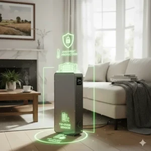A diagram of a portable heater for a large room featuring automatic overheat protection and tip-over safety sensors.