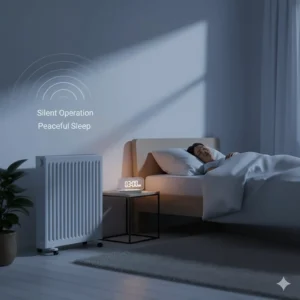 A convector heater in a quiet British bedroom at night, illustrating silent operation for a peaceful sleep without noise.