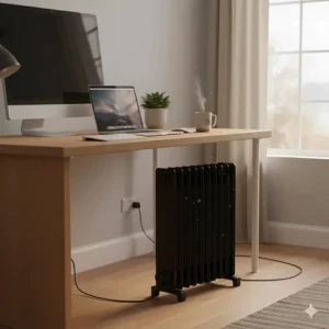 A compact oil-filled radiator placed under a desk in a home office, providing silent heat during the UK winter.