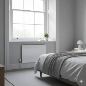 A slim, silent-running electric panel heater placed under a window in a British bedroom.