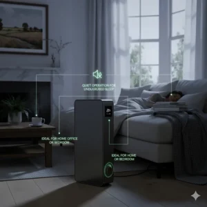 A quiet-running portable heater for a large room, ideal for use in a spacious bedroom or home office during the night.