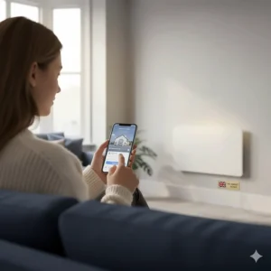 A smartphone showing a heating app to control a smart infrared panel, used by a homeowner in London.