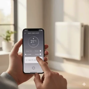 A person using a smartphone app to control a Wi-Fi enabled smart panel heater remotely.