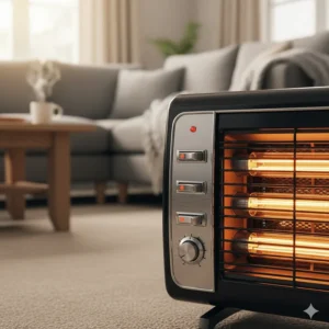 Close-up of a classic three-bar halogen heater showing the individual heat setting switches and the glowing infrared tubes.