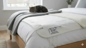 Alt text for image 5: A close-up of a double electric blanket label clearly showing the UKCA and BEAB Approved safety marks for British consumer protection.