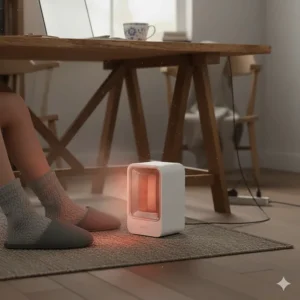 A small ceramic portable heater for office use placed on a rug under a desk to warm a person's feet during the winter.